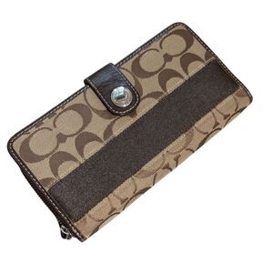 Coach Brown Signature Wallet logo canvas leather trim brown design secure clasp